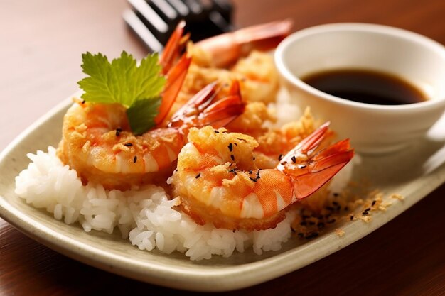 Des crevettes tempura japonaises savoureuses avec du riz