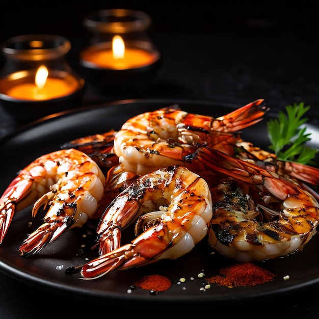 Photo des crevettes tigre grillées avec des épices sur une assiette noire des fruits de mer grillés