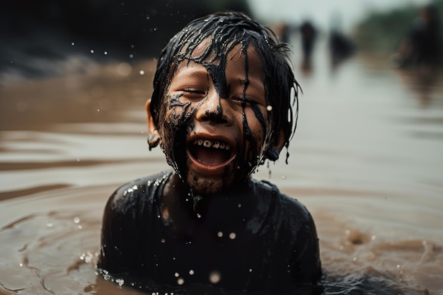 Crier et pleurer un enfant dans la terre debout dans une rivière polluée Generative Ai