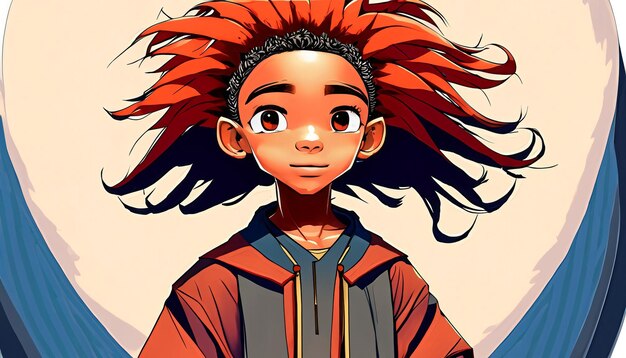 Crimson Determination Anime Boy avec de longs cheveux roux et un regard résolu dévoilant le
