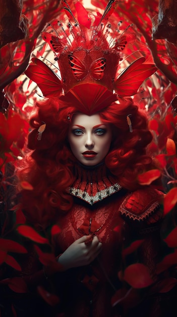 Crimson Royalty Enchanting Lady in a Fantasy Red Dress on a Queen Chair Pas une personne réelle Generative AIu