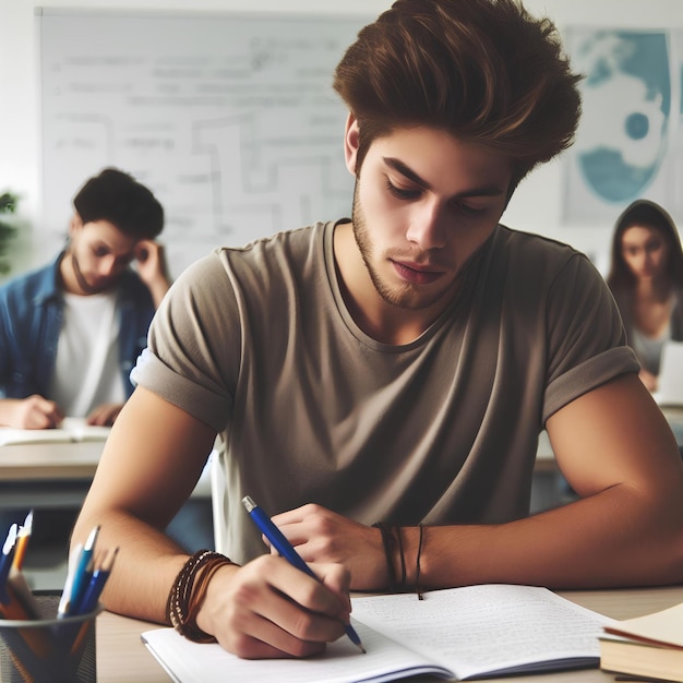 Écrire collège et homme étudiant en classe brainstorming pour l'examen étudier des idées