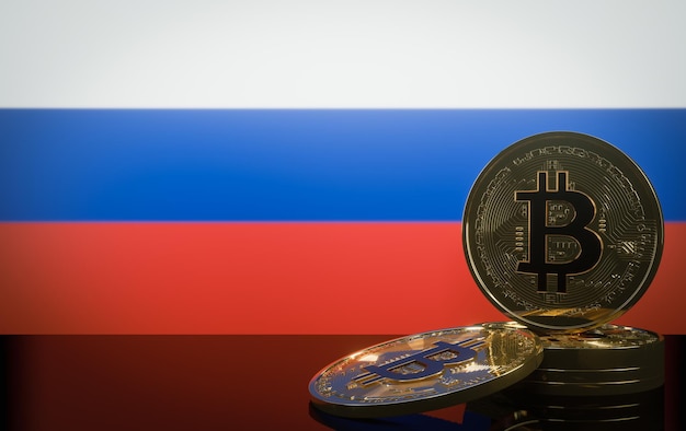 Crise du bitcoin en Russie bitcoin et pièces de monnaie crypto bitcoin et drapeau Russie travail 3D et image 3D