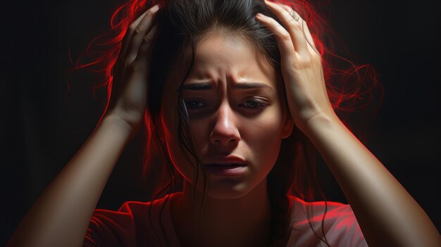 Crise de migraine Douleur sinusale Femme retraitée malheureuse tenant sa tête avec expression de douleur