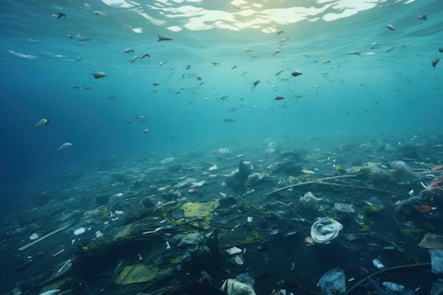 Crise de la pollution océanique vue sous-marine des débris marins