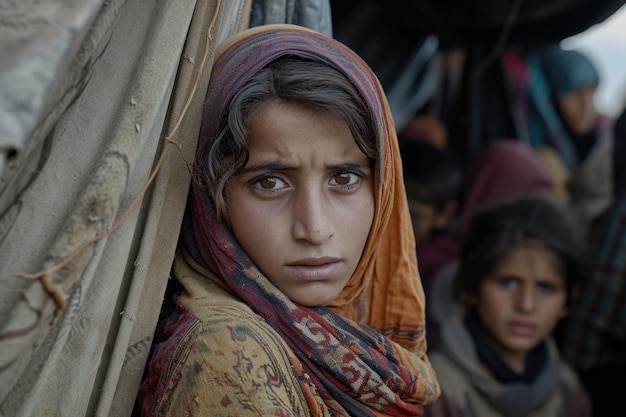 Crise des réfugiés, impact de la guerre, changement climatique, troubles politiques révélant la catastrophe humanitaire avec des enfants affamés cherchant refuge au milieu d'un camp d'émigrants en crise démographique mondiale.