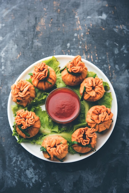 Crispy Potli Samosa ou veg money bags sont de délicieuses collations indiennes d'aloo épicé et mélangent des légumes ou de la viande, du kheema farci dans une pâte feuilletée. C'est une excellente entrée ou apéritif créatif