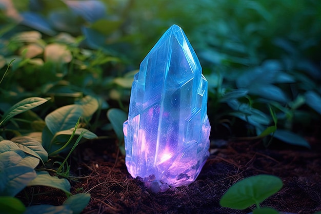 Un cristal bleu avec une lumière violette qui le traverse