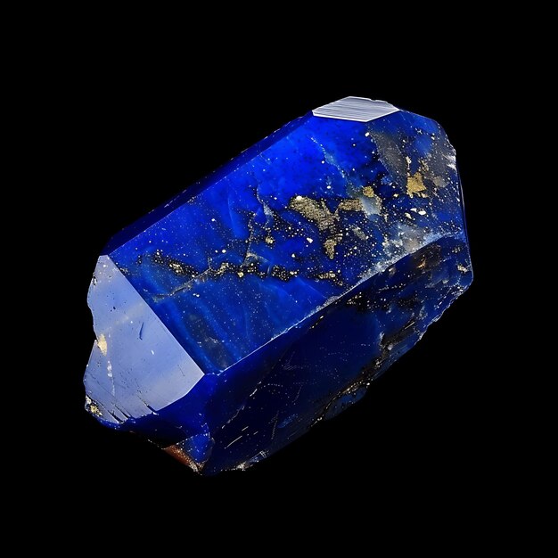 Photo cristal de lapis-lazuli avec forme isométrique et une pierre de co bleu profond isolée sur l'art de luxe bg noir