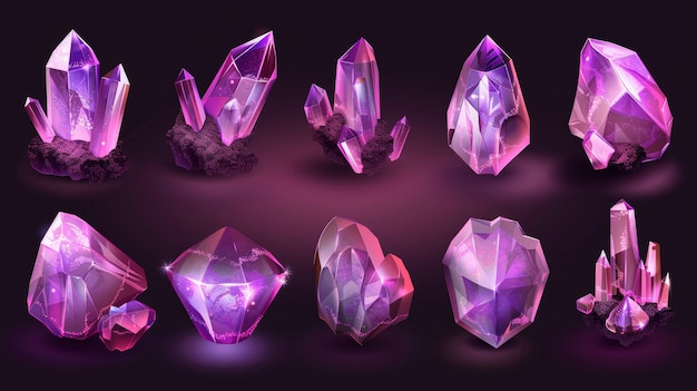 Photo un cristal magique lumière pierres précieuses de violets et roses facettées et rugueuses roches lumineuses isolés cristaux bijoux précieuses ou semi-précieuses pierres precioses ensemble de 4 icônes modernes 3d réalistes pour le