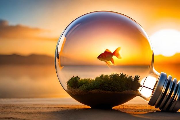 Photo un cristal avec un poisson rouge à l'intérieur et un coucher de soleil en arrière-plan