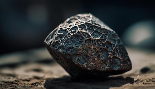 Cristal de pyrite brillant sur du sable humide, une pierre précieuse générée par l'IA