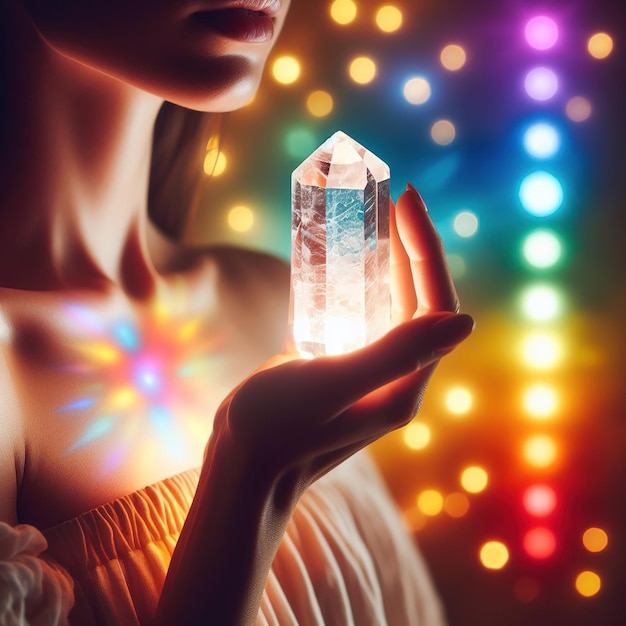 Photo cristal de quartz dans les mains