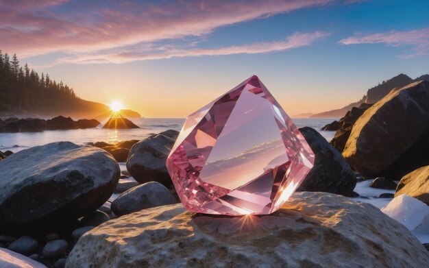 Un cristal rose est posé sur un rocher devant un coucher de soleil.