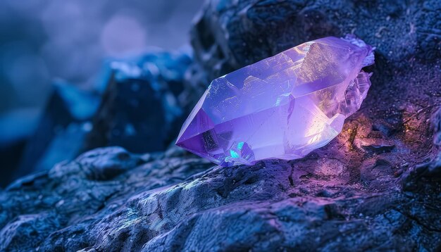 Un cristal violet est sur un rocher dans un plan d'eau