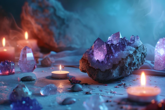 Des cristaux d'améthyste enchanteurs entourés de bougies dans un cadre mystique idéal pour les thèmes fantastiques image atmosphérique de haute qualité AI