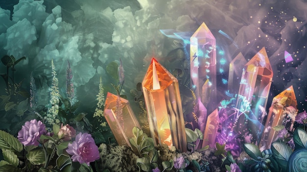 Des cristaux entourés de fleurs dans une forêt créant un paysage naturel