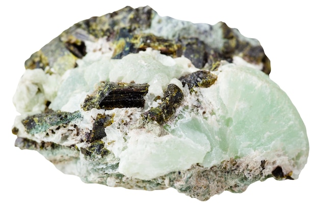 Cristaux d'épidote sur pierre minérale Prehnite