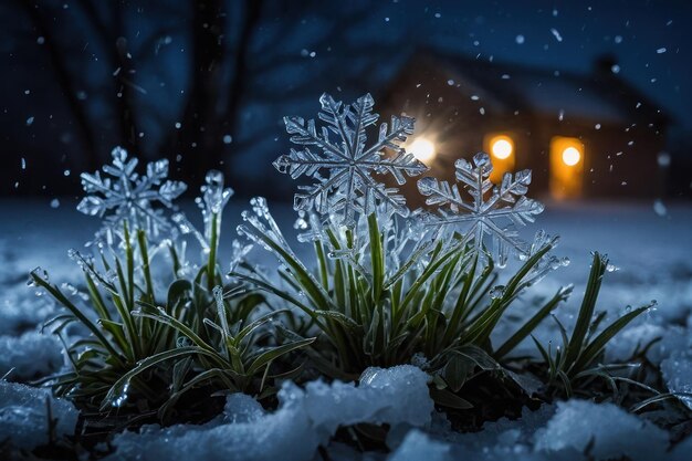 Des cristaux de glace, de la neige tombant sur le sol gelé et des plantes sur une nuit d'hiver froide.