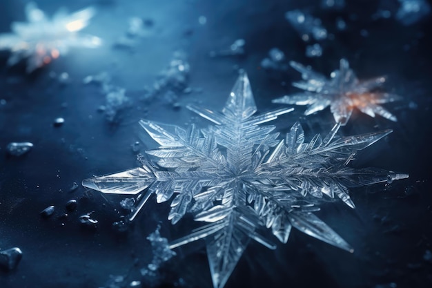 Des cristaux de glace tombent sur le sol gelé la nuit d'hiver.