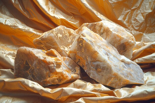 Des cristaux d'or de quartz sur un tissu soyeux aux plis brillants