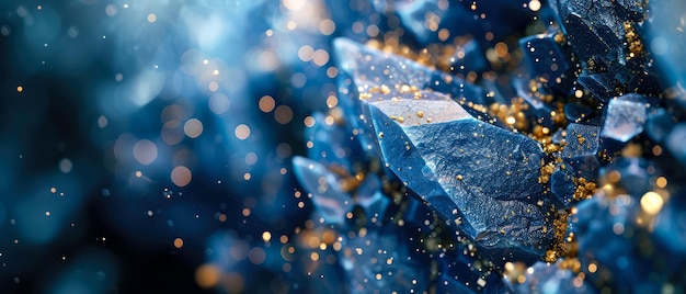 Photo des cristaux de pierre bleu marine, un fond texturé avec des particules étincelantes, des lumières dorées scintillantes.