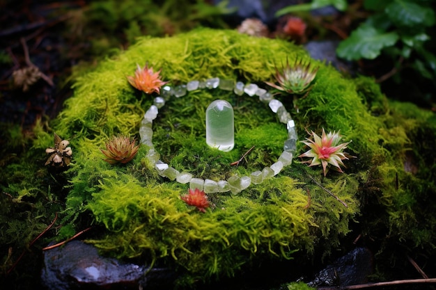 Des cristaux de quartz disposés en cercle, de la mousse et des feuilles en arrière-plan.