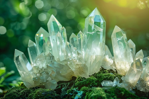 Photo des cristaux de quartz lumineux sur de la mousse sur un fond vert