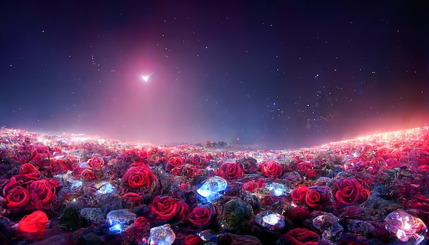 Photo cristaux et roses paysage nocturne coloré