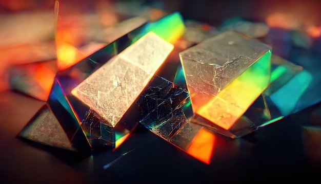 Cristaux de verre et prismes avec rayons du spectre de couleurs Illustration 3D d'arrière-plan d'art optique abstrait