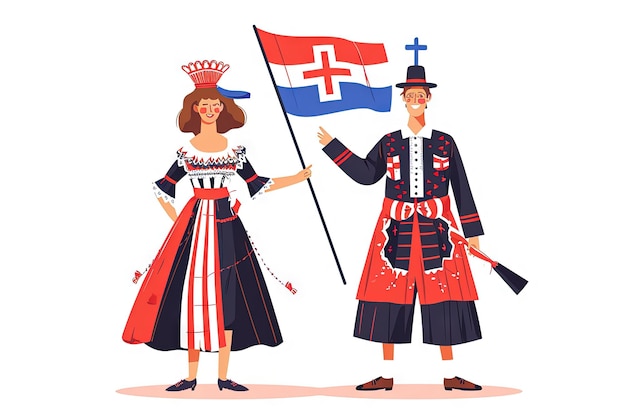 Croates en costume national avec un drapeau homme et femme en costume traditionnel voyage en Croatie personnes illustration vectorielle plate
