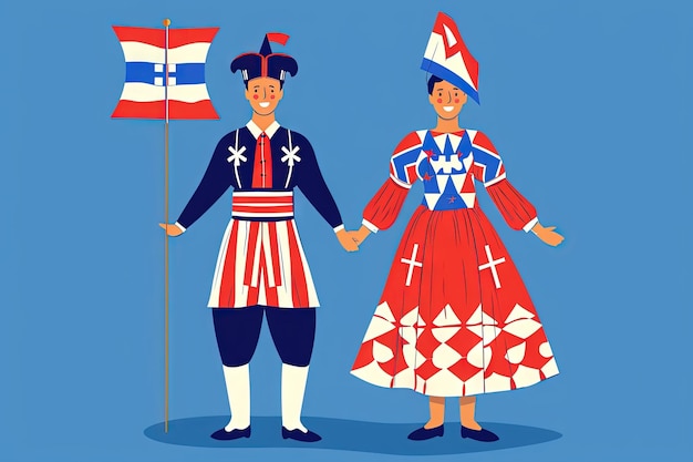 Photo croates en costume national avec un drapeau homme et femme en costume traditionnel voyage en croatie personnes illustration vectorielle plate