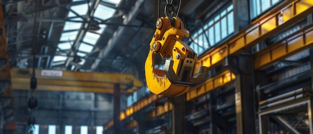Un crochet industriel suspendu dans une usine symbolise le travail lourd.