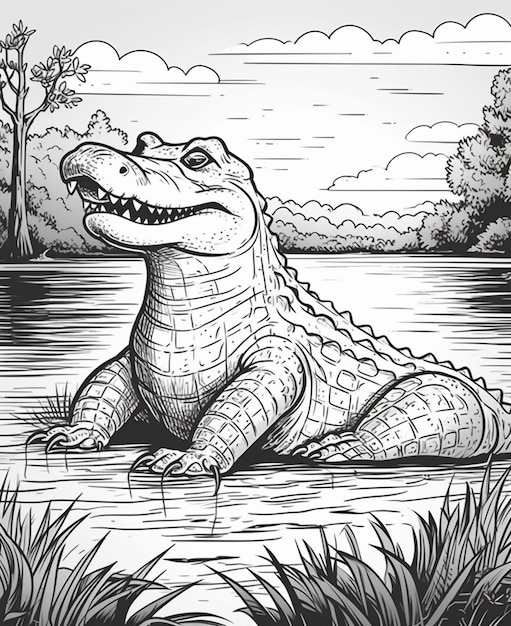 Crocodile assis dans l'eau avec un lac en arrière-plan ai générative