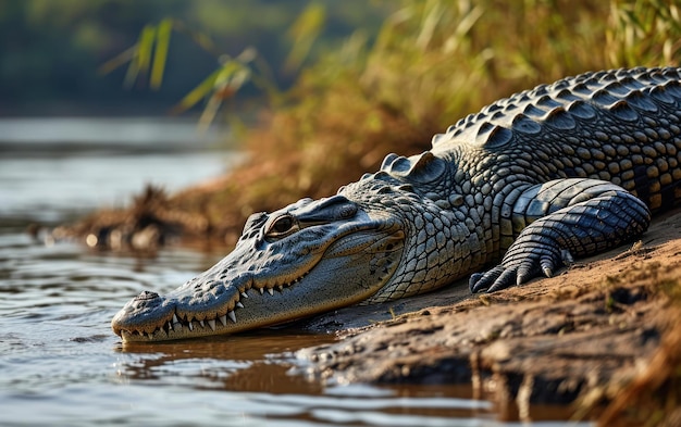 un crocodile au bord d'une rivière