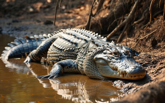 un crocodile au soleil sur la rive d'une rivière