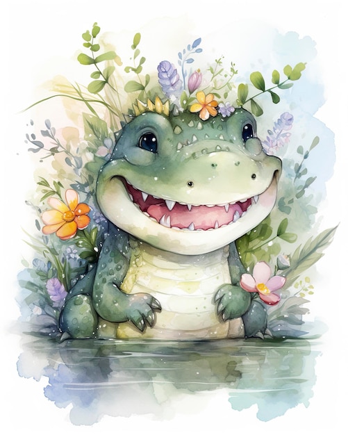 Crocodile chibi heureux mignon aquarelle rêveuse avec fond de conte de fées fleuri générat ai