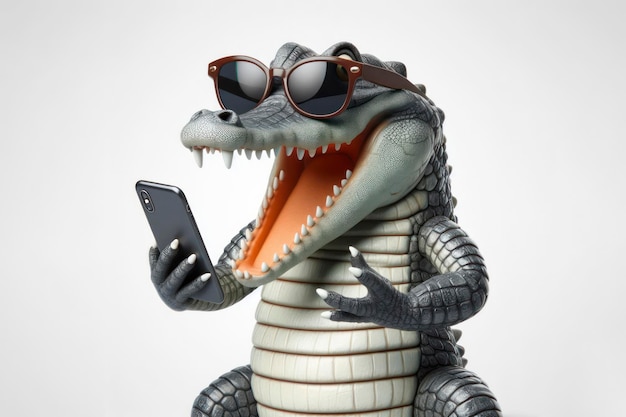 Un crocodile choqué avec des lunettes de soleil tenant un smartphone sur un fond blanc