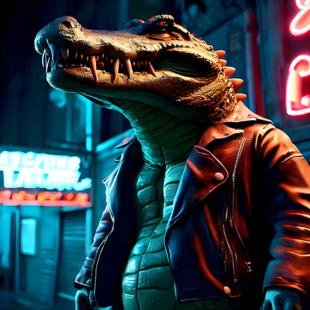 Un crocodile en colère dans une veste en cuir debout dans la rue devant une enseigne au néon