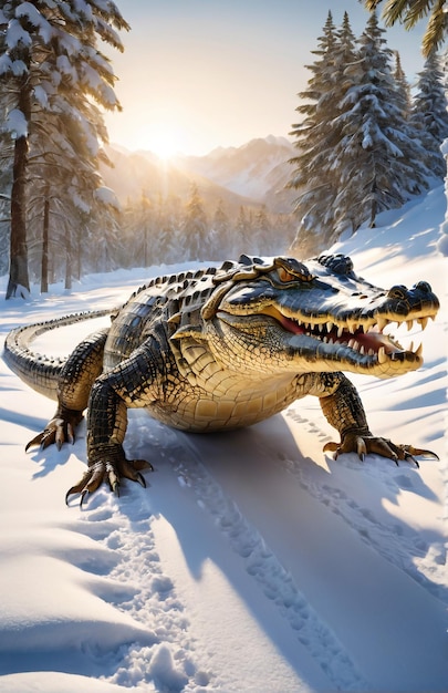 Crocodile courant sur la piste de fond nature désertique faune et neige