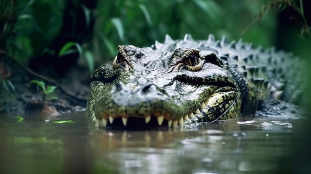 Un crocodile dans le marais avec un fond de forêt