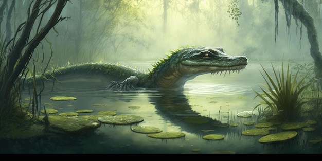 Photo un crocodile dans un marais avec un fond vert et les mots alligator en bas.