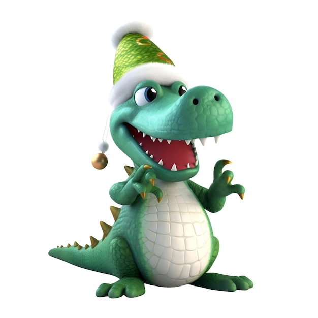 Crocodile de dessin animé avec chapeau de Noël sur fond blanc Illustration 3D