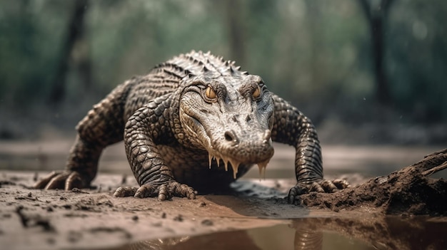 Un crocodile est assis sur le sol dans une zone boueuse