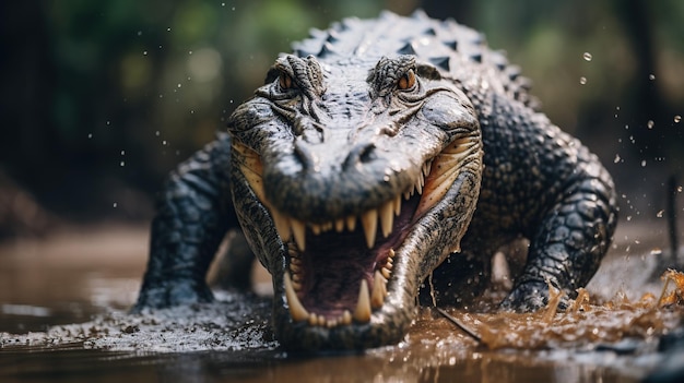 Le crocodile est en colère et montre ses crocs.