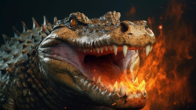 Un crocodile avec des flammes sur son visage