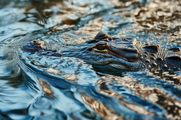 Un crocodile glisse à travers les eaux réfléchissantes d'un lagon calme.