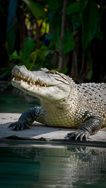 Crocodile en gros plan près des piscines portrait de la faune reptilienne au bord papier peint vertical mobile