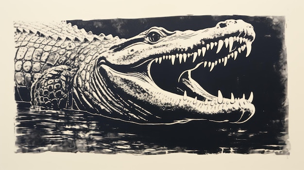 Crocodile Lino Print Alligator avec grande bouche ouverte dans le style Neil Welliver