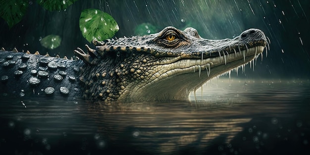 Un crocodile nage dans un lac superposé dans la jungle capturé de près un jour de pluie Généré avec l'IA